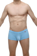 Light blue men’s boxer colline bamboo briefs with a subtle red logo on the waistband made from bamboo fabric