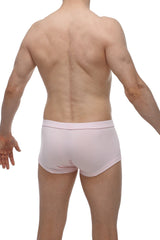 A pair of light pink form-fitting men’s briefs with smooth bamboo fabric and elastic waistband boxer colline bamboo pink