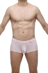 Light pink men’s boxer briefs made of bamboo fabric with smooth form fitting design and small red logo on waistband