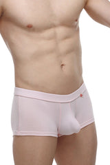Light pink form-fitting boxer colline bamboo briefs with seamless design and small red logo on waistband