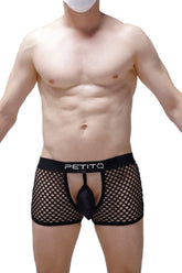Black mesh boxer briefs with central pouch and petitô branded waistband for breathable comfort