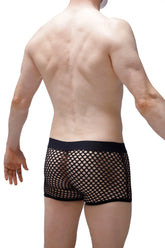 Black mesh boxer briefs with a solid black waistband designed for breathable comfort and style