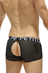 Black mesh boxer anzex durtol briefs with white petitq logo on the waistband