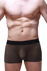 Boxer Hang olive men’s boxer briefs in dark olive green fabric with black waistband and contoured design