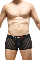 Black mesh boxer briefs with solid black pouch and petit q logo on waistband from petitq boxer jock mesh bars collection