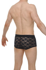 Black lace boxer briefs with delicate floral pattern and solid black waistband in montils lace black style