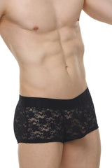 Black lace briefs boxer montils lace black with solid black waistband showcasing delicate lace material and fit