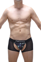 Black mesh boxer briefs with camouflage pattern and petitq branded waistband boxer limay net camo design