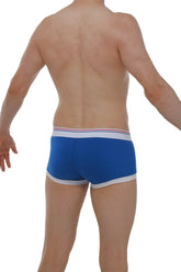Blue men’s boxer briefs linay with white trim and thin red waistband stripe for comfortable everyday wear