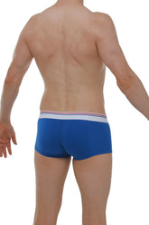 Blue men’s boxer briefs with a white waistband accented by thin red and blue stripes in boxer mano blanc-bleu