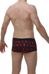 Black PetitQ boxer Meljac Boudoir briefs with bold red erotic symbol pattern on soft fabric front view