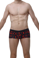 Black men’s briefs petitq boxer meljac boudoir with bold red party accessory pattern on black fabric