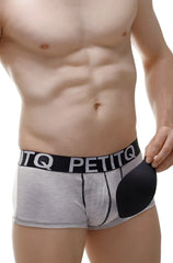 Gray and black petitq men’s modal boxer briefs with a contoured gel pad on the right side for added comfort