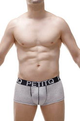 Gray boxer modal briefs with pad featuring a black elastic waistband with white lettering