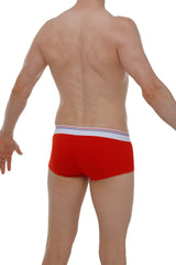 Red petitq boxer brief made from taik modal with white waistband featuring thin blue and red stripes