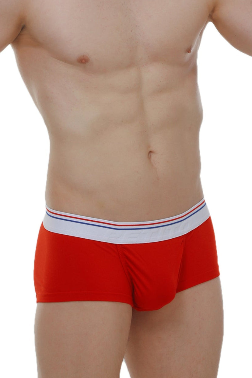 Red men’s petitq boxer brief taik modal red with white waistband and thin red and blue stripes