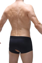 Back side of Moras black boxer briefs featuring a stylish cutout detail in soft fabric for comfortable wear