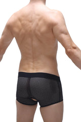 Black mesh boxer moras durtol briefs with solid black waistband and back cutout shown from the back side
