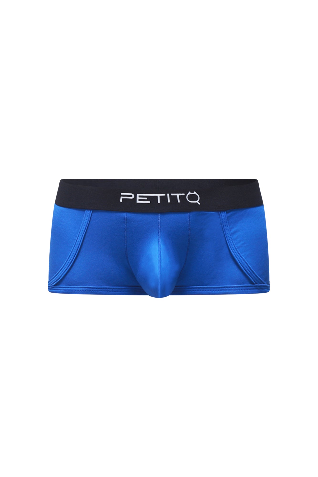 PetitQ trunk Morrier blue men’s briefs in blue with a black waistband featuring the PetitQ logo