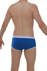 Blue men’s boxer morrier briefs with white and red striped trim designed for comfortable everyday wear