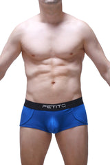 Blue petitq trunk morrier men’s briefs with black waistband featuring white brand name lettering for everyday comfort
