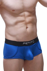 Blue men’s briefs with a black waistband featuring the petitq logo from the PetitQ trunk Morrier Blue collection