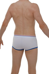 Boxer Morrier white briefs with blue trim and red white and blue striped waistband for comfortable daily wear