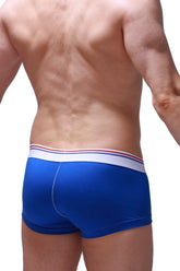 Blue men’s modal boxer briefs with white waistband and red and blue stripes for comfortable everyday wear