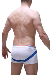White athletic boxer briefs mura featuring a bold blue diagonal stripe and red white and blue waistband trim