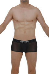 Black sheer mesh boxer briefs with white petitq logo on waistband in noth black color