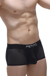 Black mesh boxer noth durtol briefs featuring a white petitq logo on the waistband in a sleek black design