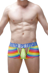 Rainbow-striped petitq men’s briefs with neon green trim and bold blue boxer nouans andiol waistband featuring brand name