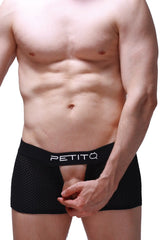 Black mesh boxer briefs with white petitq logo on waistband featuring breathable fabric for everyday comfort