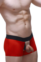 Red mesh briefs boxer olloix bee red with a black waistband and open front design for breathable comfort