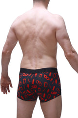 Black briefs boxer olloix boudoir with bold red erotic symbol pattern suitable for intimate wear