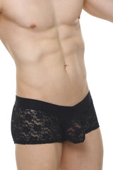 Black lace boxer Algun briefs with sheer floral pattern and solid black waistband for elegant lingerie wear