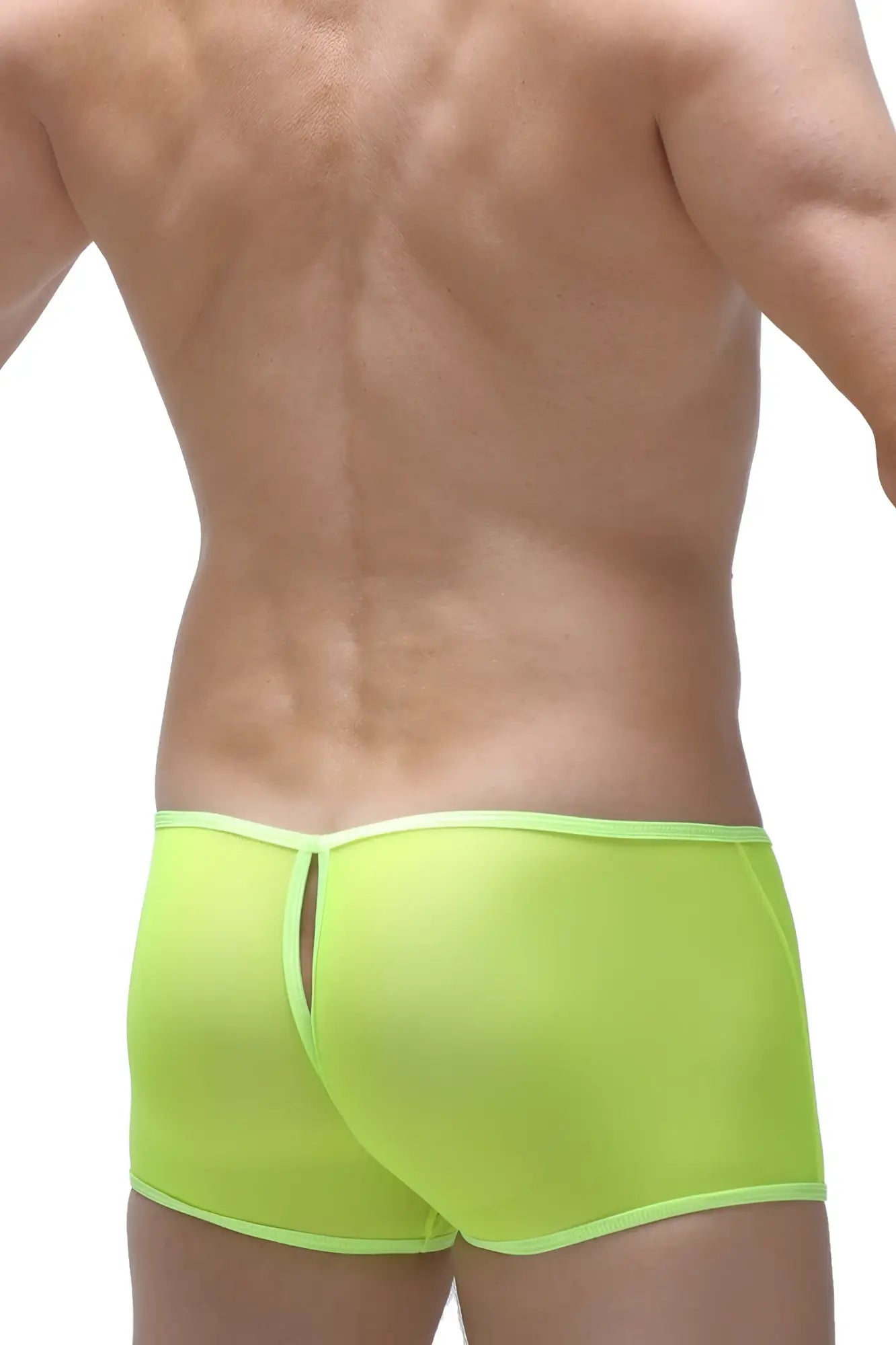 Bright neon green mesh boxer briefs with matching waistband and back slit shown from the back side
