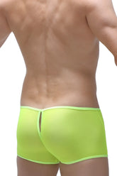 Bright neon green mesh boxer briefs with matching waistband and back slit shown from the back side