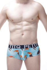 Light blue men’s briefs boxer open toucan with vibrant toucan and tropical leaf print and black petitq waistband