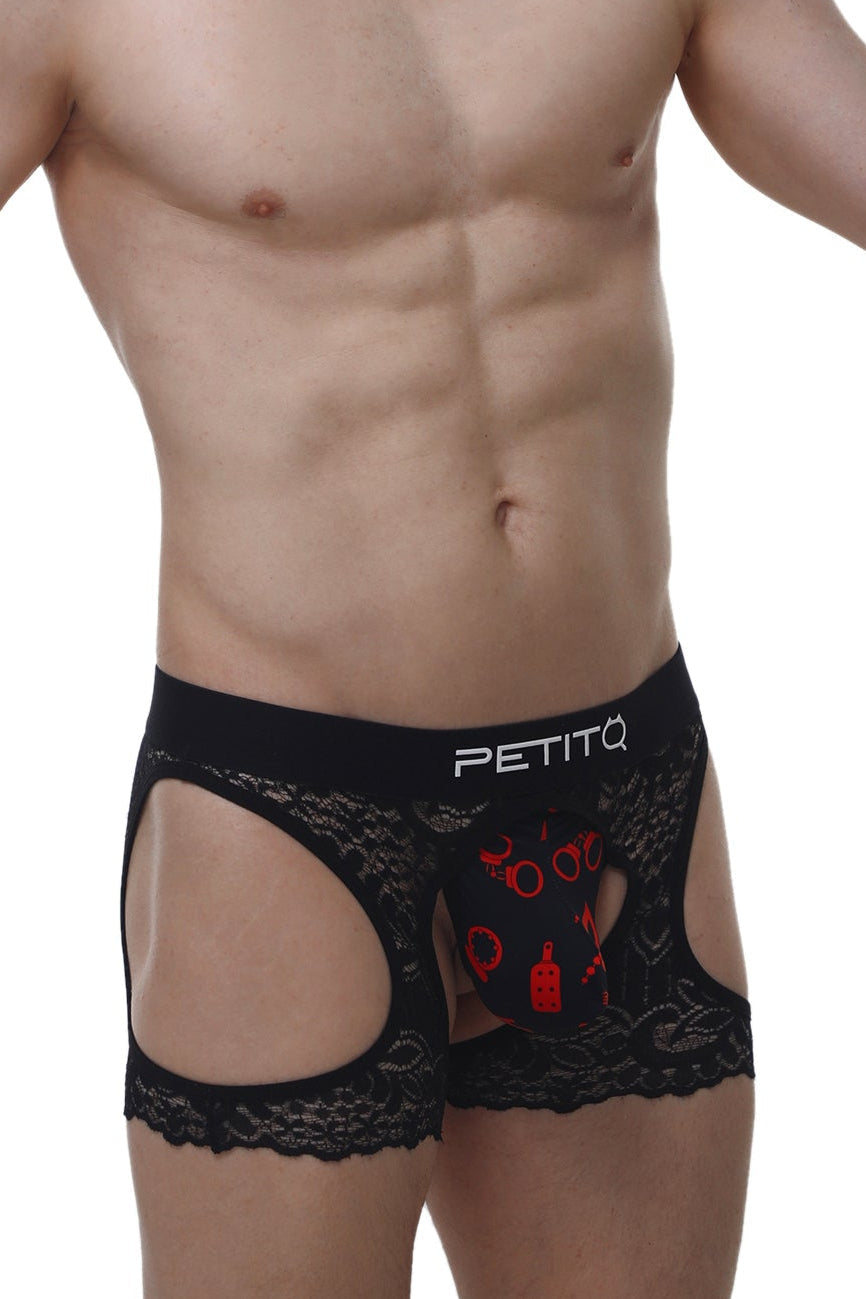 Black lace men’s boxer underwear with red graphic design and petitq branding in petitq corlier boudoir style