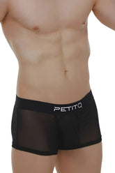 Black sheer mesh boxer briefs with a solid black waistband featuring the petitq logo in white lettering