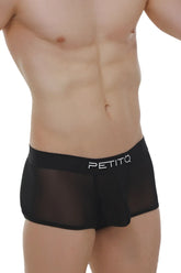 Black sheer mesh boxer briefs with solid black waistband and petitq logo in white lettering visible on front side