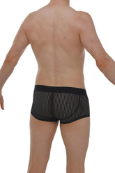 Boxer protruder durtol black mesh briefs with subtle white dot pattern and solid black waistband front view
