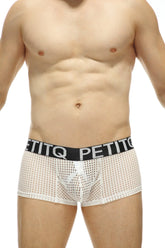 White mesh boxer protruder durtol briefs with black elastic waistband and petitq logo in white lettering