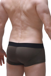 Dark olive boxer push-up camo briefs with contrasting black elastic waistband designed for enhanced support and comfort