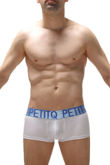 White petitq men’s boxer push-up briefs with blue elastic waistband featuring bold brand lettering