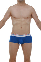 Petitq boxer push-up blue men’s briefs in blue with a white waistband featuring red and blue stripes