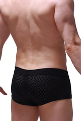 Black mesh boxer reotier bee briefs with a solid elastic waistband designed for comfortable everyday wear