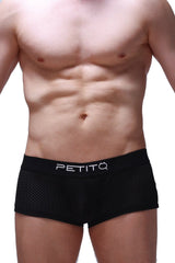 Black mesh briefs boxer reotier bee black with white petitq logo on the waistband front view