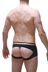 Black boxer sling melin red briefs shown from the back with a form-fitting cutout design in stretchy fabric